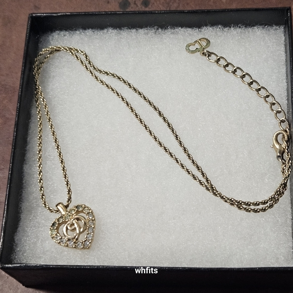 Vintage Christian Dior Gold Tone Rhinestone CD Heart Necklace
